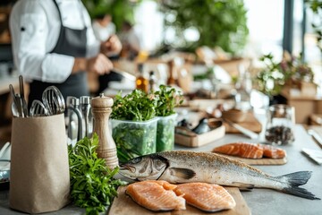 A culinary scene showcasing fresh fish and salmon fillets prepared by a chef, alongside herbs and spices, in a bright, modern kitchen setting, promising a gourmet experience.