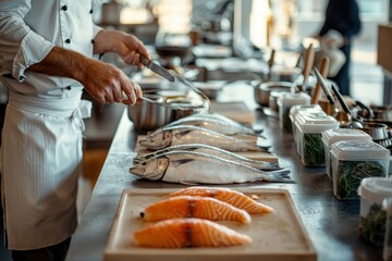 A chef preparing fresh fish and salmon fillets in a professional kitchen environment, showcasing culinary expertise and high-quality ingredients for a delectable seafood dish.