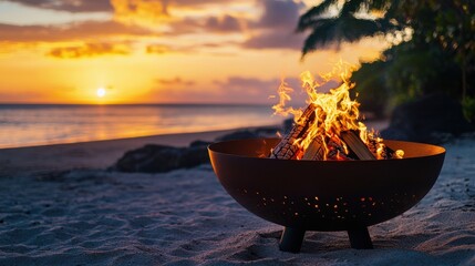 A burning fire pit on the beach with a sunset in the background.