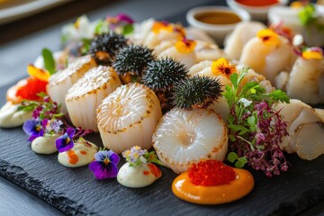 Obraz premium An exquisite seafood platter featuring seared scallops, sea urchin, and fresh fish, complemented by vibrant edible flowers and colorful sauces, displayed on a black slate serving board.