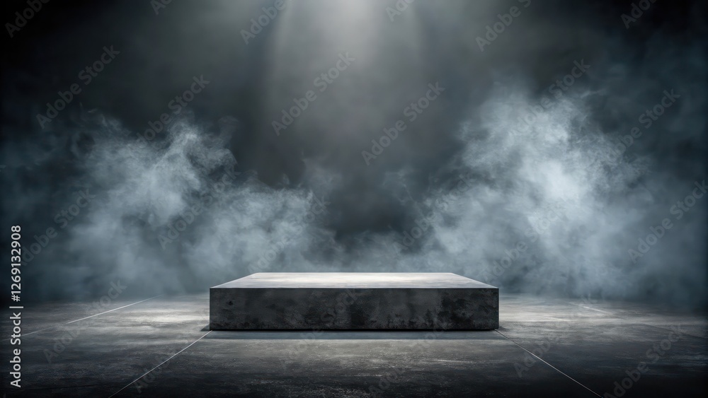 Fototapete Dark Atmospheric Stage with a Concrete Pedestal, Surrounded by Thick Fog