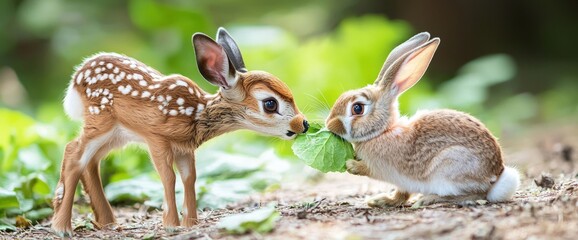 A tiny deer and a rabbit sharing a leaf snack