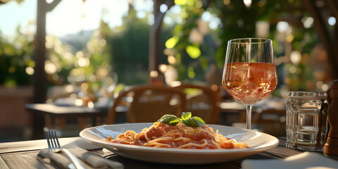 Enjoying a sunny afternoon meal of spaghetti paired with ros&eacute; wine in an outdoor dining area surrounded by nature