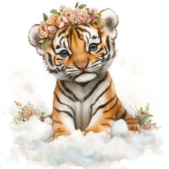 Obraz premium Cute tiger with floral crown sitting on cloud looking innocent