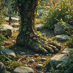 The image depicts a fantastical scene where a tree's trunk has been creatively transformed into the form of a human foot, adorned with vibrant flowers and surrounded by rocks and foliage.