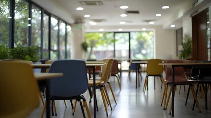 empty modern office cafe interior with large windows and natural