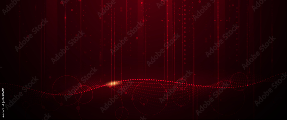 Poster Illustration vector abstract wave, flow line, motion pattern and particle dot on dark red background. Modern futuristic, big data design for background. Digital datum, high tech, technology concept