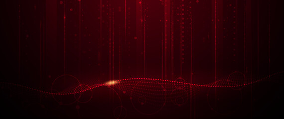 Illustration vector abstract wave, flow line, motion pattern and particle dot on dark red background. Modern futuristic, big data design for background. Digital datum, high tech, technology concept
