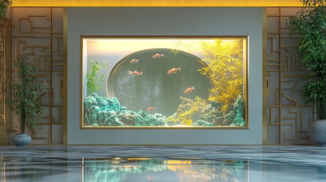 A rectangular aquarium in house.with fish inside