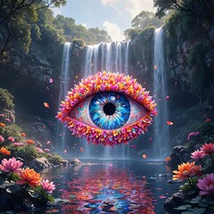 The image presents a surreal scene featuring a stylized eye within a flower-adorned, vibrant eye, set against a backdrop of a waterfall and lush foliage.