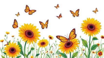 Sunlit Symphony: Whimsical Sunflowers and Butterflies in Harmony
