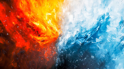 Fototapeta premium Abstract representation of the Fire and Ice elements in dynamic opposition, symbolizing the contrast between intense heat and freezing cold. A visually striking concept of duality