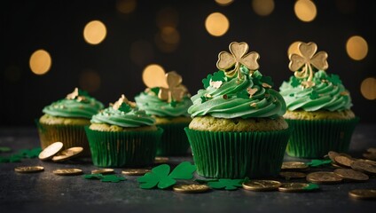 Green cupcakes decorated with golden shamrocks, celebrating St. Patrick’s Day