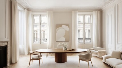 A contemporary dining area with a solid table and modern chairs, blending functionality with style.