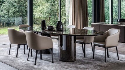 Fototapeta premium A contemporary dining table set with chairs, positioned in a well-lit, modern kitchen space.