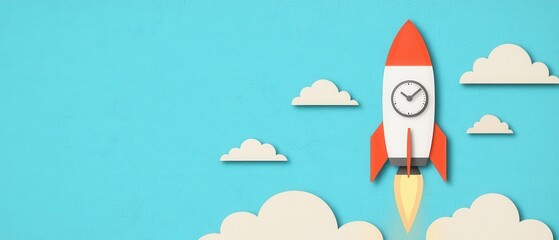 Launching space rocket and business concept. Colorful rocket taking off among clouds against a blue background.