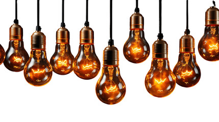 Obraz premium Vintage Edison Bulbs Glowing Retro Light, Warm Hanging Lamps for Dark Backgrounds, isolated on transparent background.