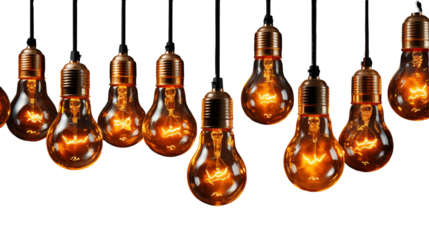 Vintage Edison Bulbs Glowing Retro Light, Warm Hanging Lamps for Dark Backgrounds, isolated on transparent background.