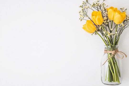 Fototapeta Beautiful bouquet of yellow tulips and small white flowers in a vase, set against a clean white background, perfect for adding a touch of nature to your home decor