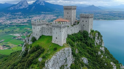 Naklejka premium Aerial view of medieval castle on cliff overlooking lake and mountains