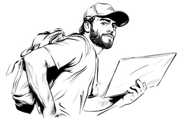 Minimalistic black and white drawing of an adult male working as a delivery man in a modern style.