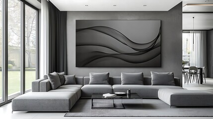 Modern grey living room with abstract art, showcasing sectional sofa & garden view