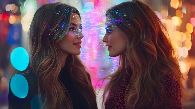 Two women collaborating closely together while interacting with a futuristic holographic interface for fashion design and innovation