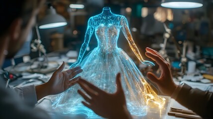 Close up view of hands gesturing and interacting with a holographic futuristic dress design during a collaborative meeting or brainstorming session The innovative
