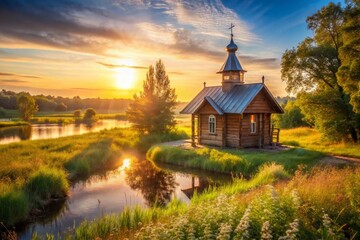 Fototapeta premium Rustic Chapel at Moskva River Source, Minsk Highway M1, Bokeh Background