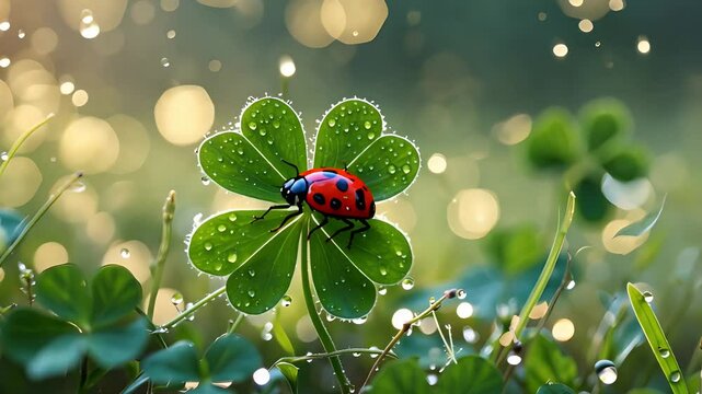 four-leaf clover with a ladybug resting on top, covered in morning dew with sparkling bokeh lights