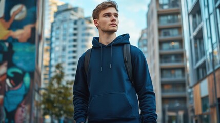 Fototapeta premium Navy Blue Hoodie Casual Outfit in Urban Street Style