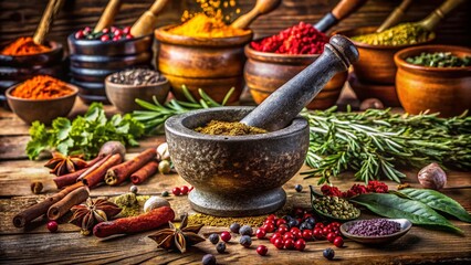 Rustic Kitchen Still Life: Antique Mortar & Grinder with Spices