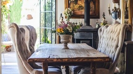 A dining space featuring a warm wooden table and four matching chairs, ready for any occasion.