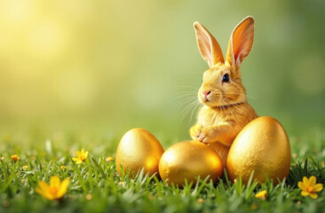 Easter bunny and golden Easter eggs on green grass meadow. Easter spring greeting card. Easter rabbit and easter eggs background with copy space.