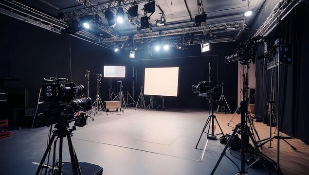 Studio filming setup, cameras, lights, backdrop, broadcast