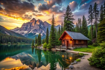 Fototapeta premium Rustic Log Cabin on Serene Mountain Lake - Stunning Nature Photography