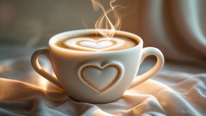 This delightful coffee cup showcases a heart shape on its foamy surface, emphasizing the beauty and comfort of indulging in a warm beverage on a relaxing day good  day