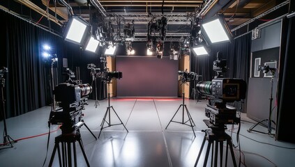Studio cameras filming; broadcast production, lighting, ready