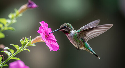 Obraz premium Ruby-Throated Hummingbird Feeding on Petunia Flower Nectar