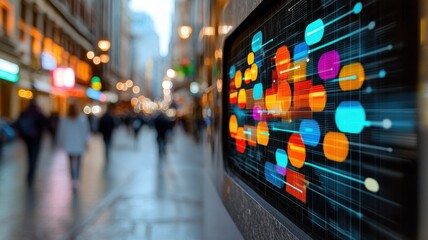 Fototapeta premium A vibrant digital display in an urban setting, showcasing colorful data visualizations amidst blurred city pedestrians.