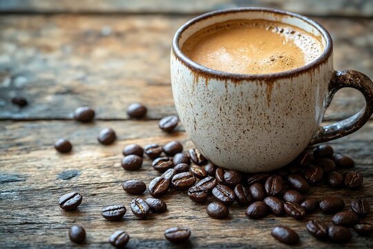 Un taz�n de caf� humeante sobre una mesa de madera, acompa�ado de granos de caf� esparcidos.