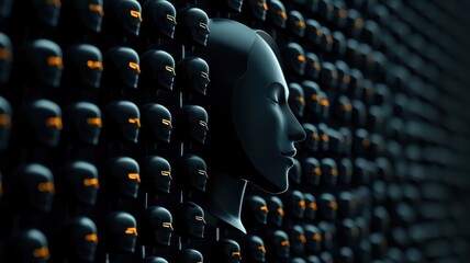 Obraz premium A stylized arrangement of black humanoid figures, with one prominent head facing sideways, creating a striking visual contrast.