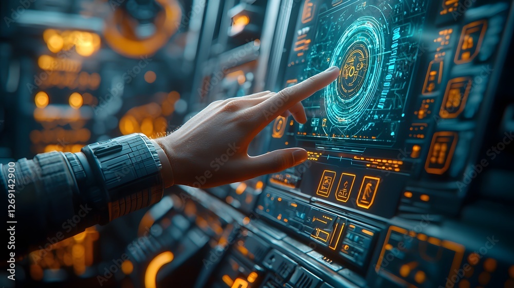Poster precision view of a hand touching a futuristic holographic control panel showcasing advanced user in