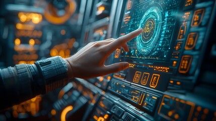 Precision view of a hand touching a futuristic holographic control panel showcasing advanced user interface technology digital display and interactive command center for the future