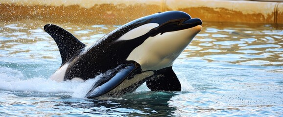Obraz premium An orca emerging from the water, sleek black and white skin shining