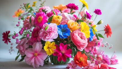 A vibrant spring bouquet of tulips, stock, and other flowers in a white vase , Vibrant Bouquet of Colorful Flowers - Pink, Yellow, Blue, Red Blooms