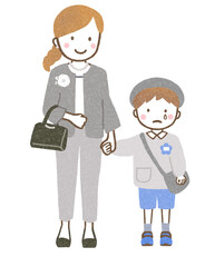 泣いている園児と付き添う母親