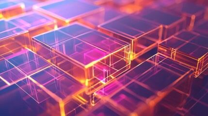 A 3D-rendered abstract composition of glowing geometric shapes, arranged in a futuristic pattern. 