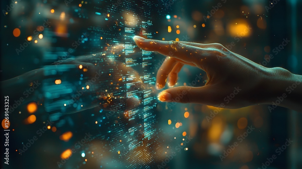 Poster close up of a hand interacting with a holographic futuristic menu system by swiping and touching the