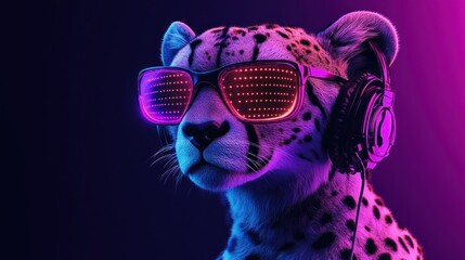 Cool cheetah DJ, neon lights, music party